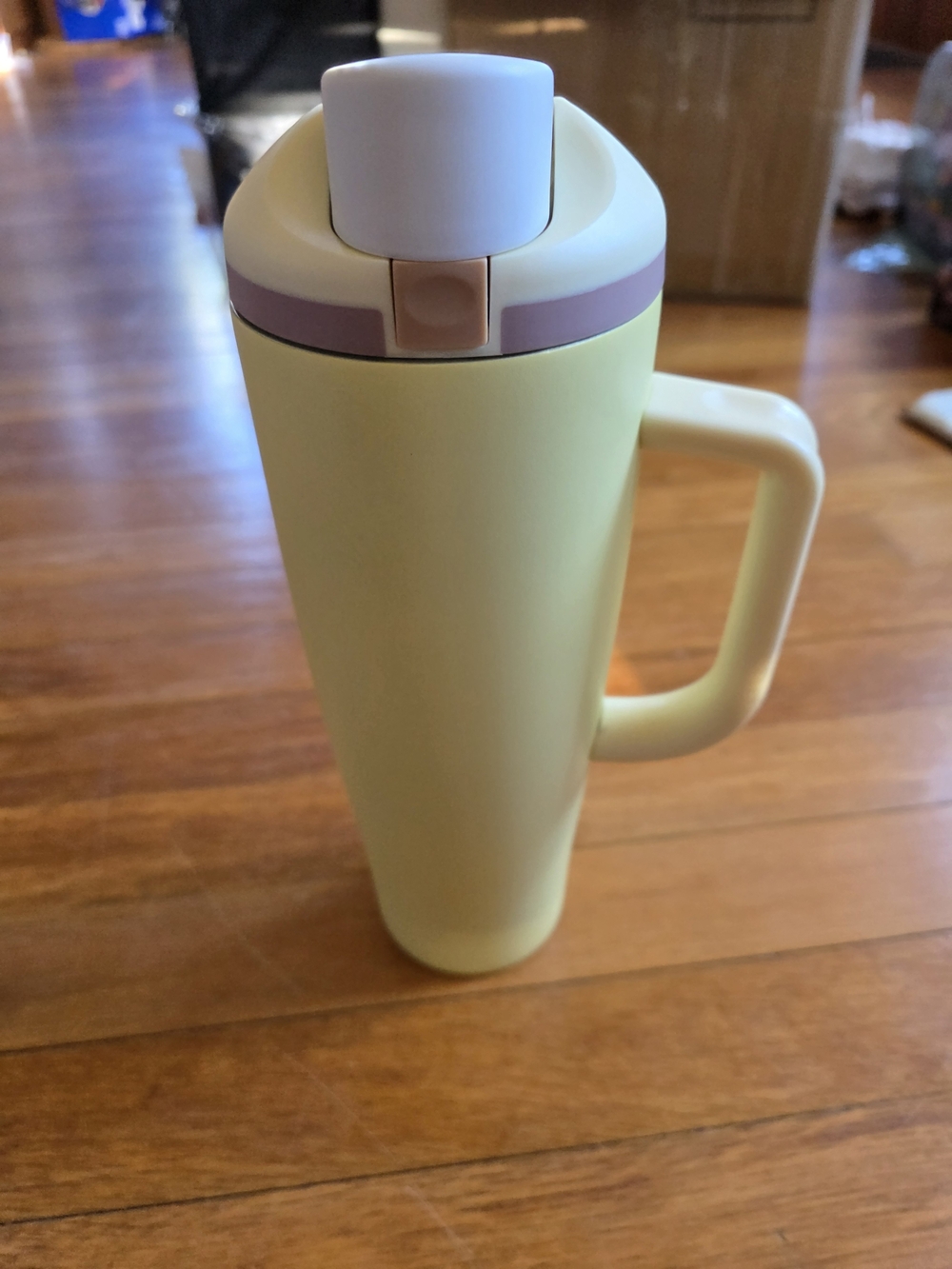 Amazon Yellow Travel Mug with Handle and Purple Accent
